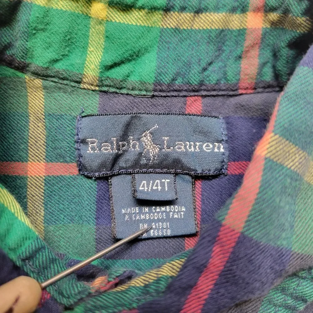 Ralph Lauren Boys Green and Navy Plaid Button-Down Shirt Long Sleeves